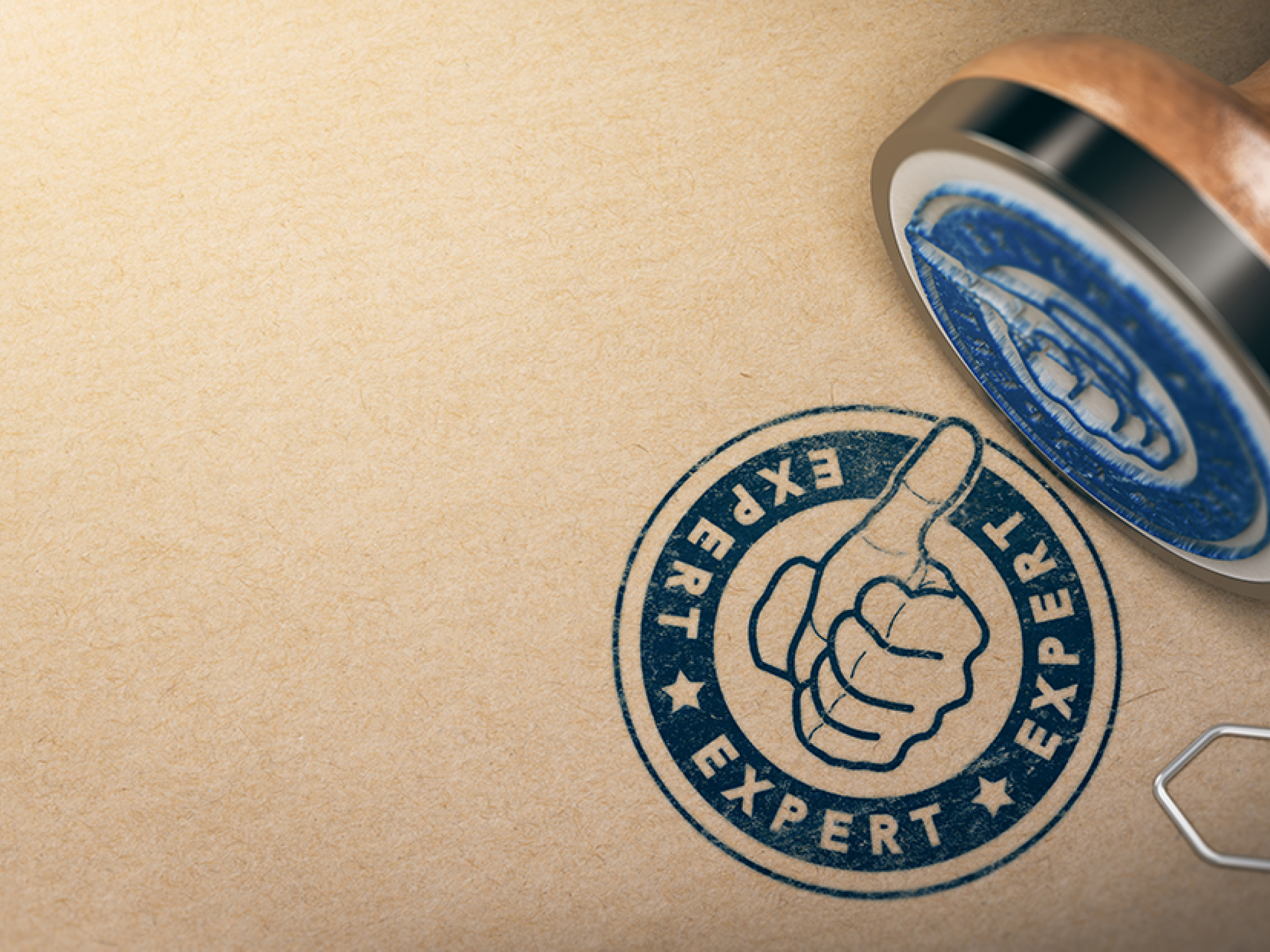 Wooden Rubber Stanp over brown cardboard background with the text expert printed in blue color  Concept of professional advice and industrial expertise  3D illustration