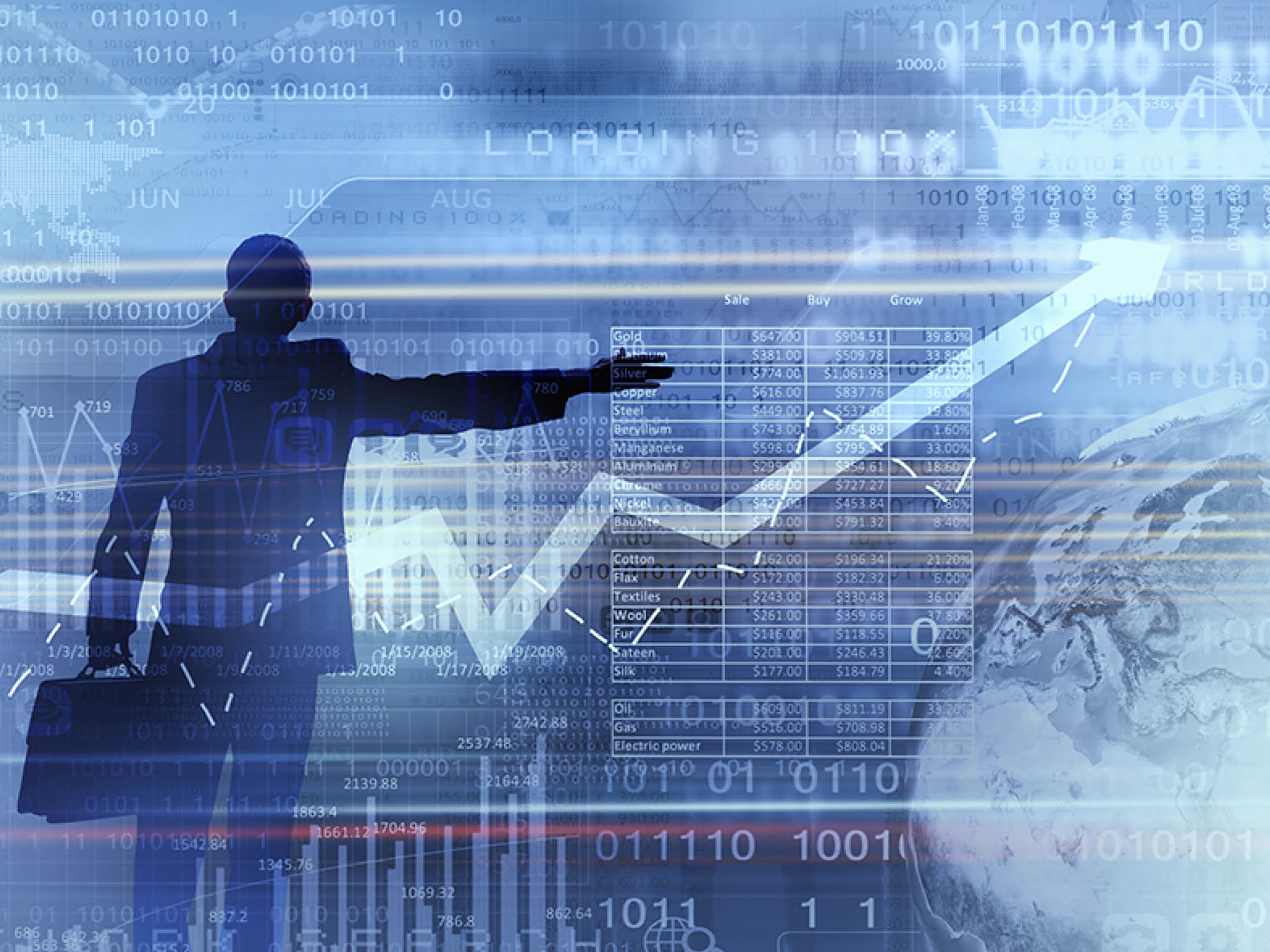 Back view of businessman and graphs at background