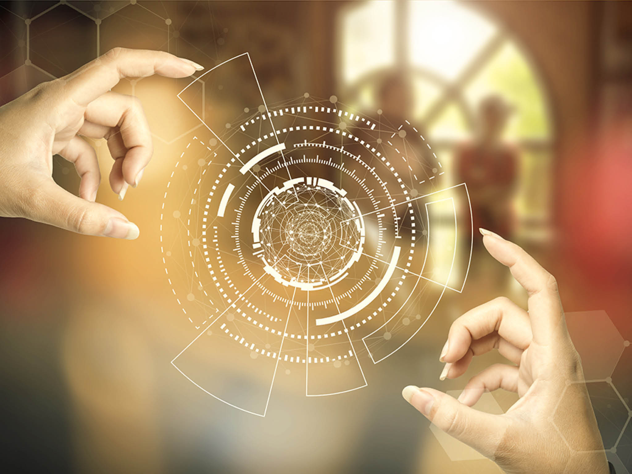 Future technology concept  Closeup hand touching bright technology icons with dark blurred background  Picture for add text message  Backdrop for design art work 