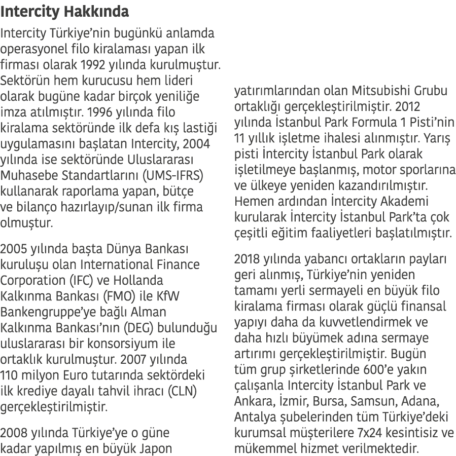 Intercity Hakk nda Intercity T rkiye nin bug nk  anlamda operasyonel filo kiralamas  yapan ilk firmas  olarak 1992 y    