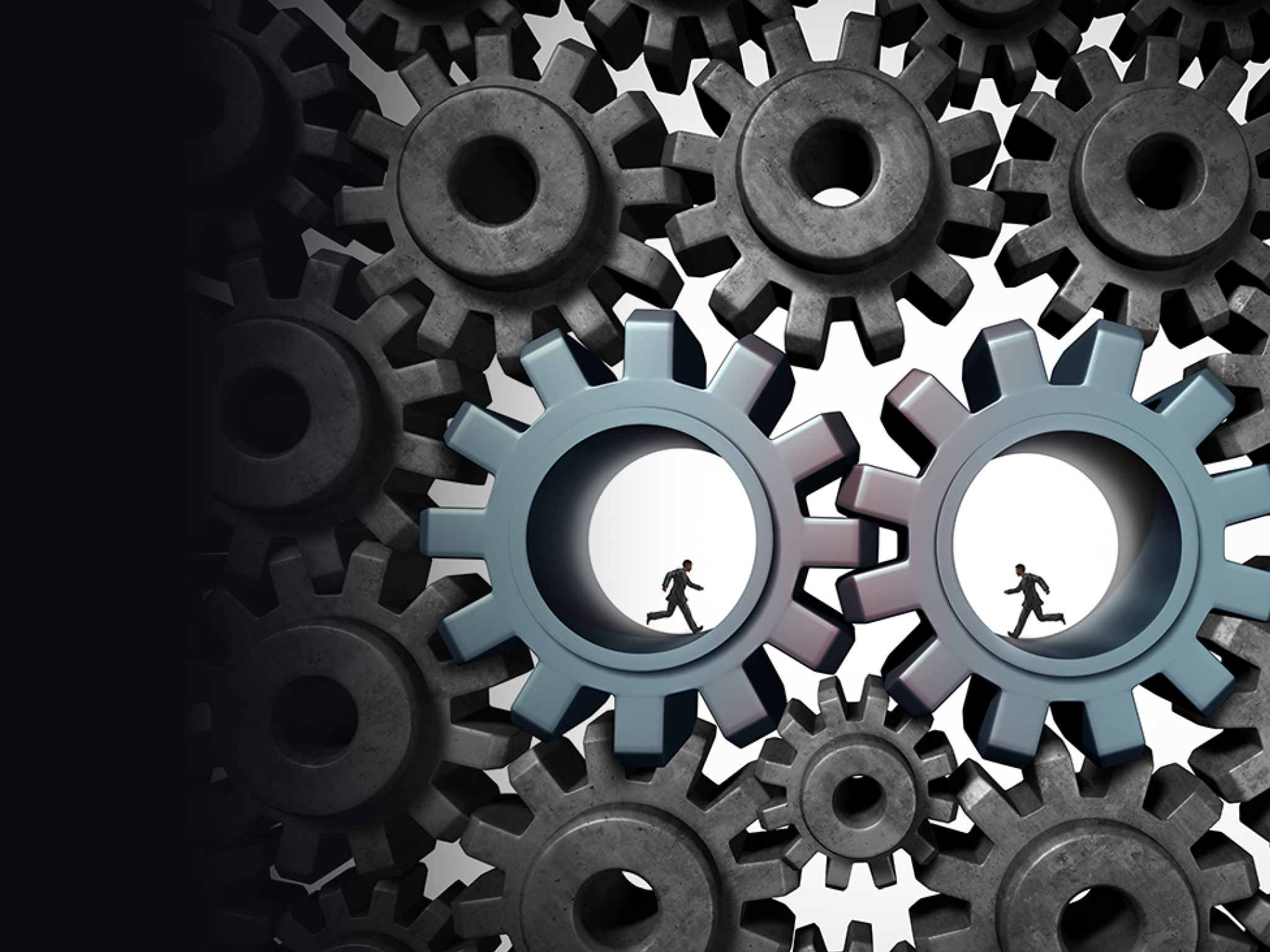 Industry partnership business planning concept as a team of businesspeople running inside a gear or cog wheel working together as a cooperation success metaphor of social economic engine network 