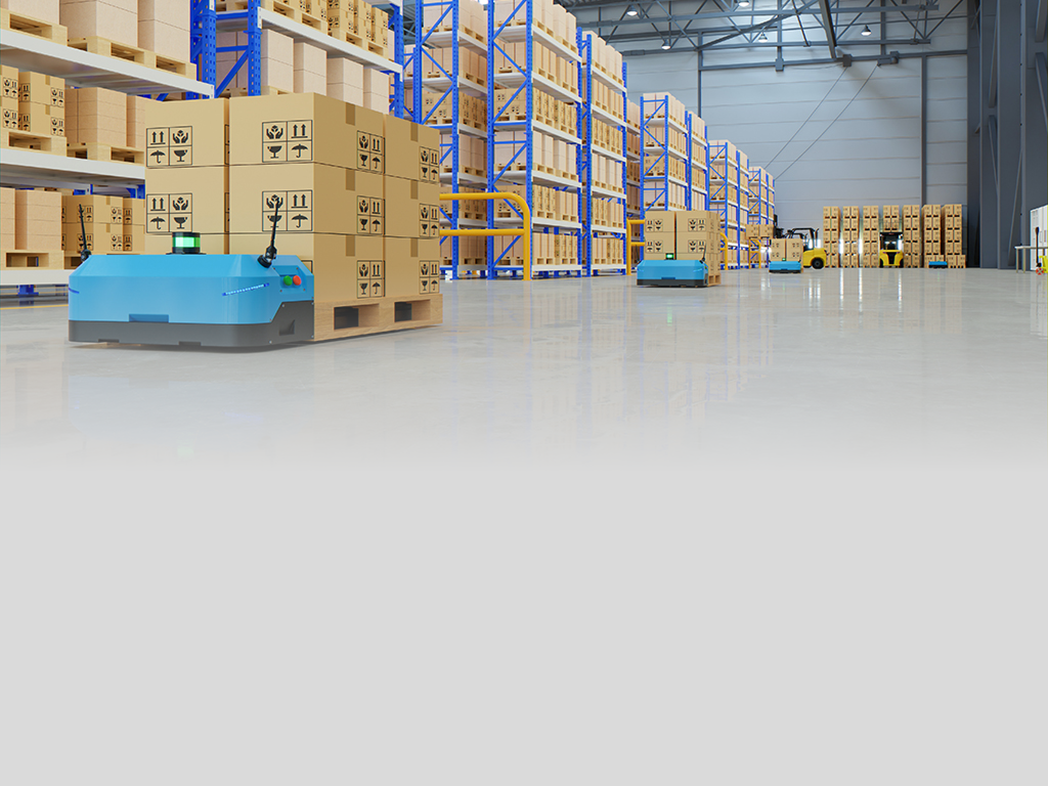 Robots efficiently sorting hundreds of parcels per hour,pallet lifter AGV 3d rendering