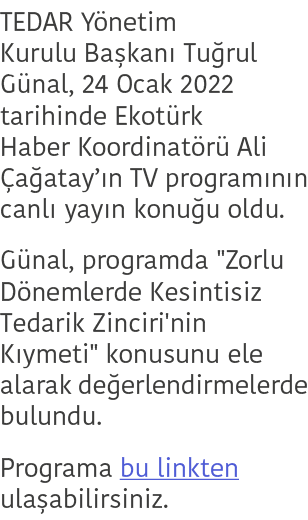 TEDAR Y netim Kurulu Ba kan Tu rul G nal, 24 Ocak 2022 tarihinde Ekot rk Haber Koordinat r  Ali  a atay’ n TV progra...