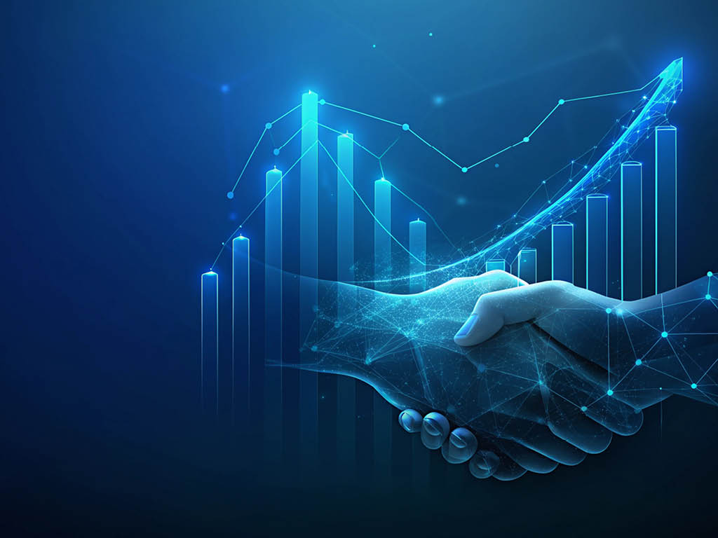 Chart graph with up arrow hologram and businessmen handshake on technology background. Rise chart bars